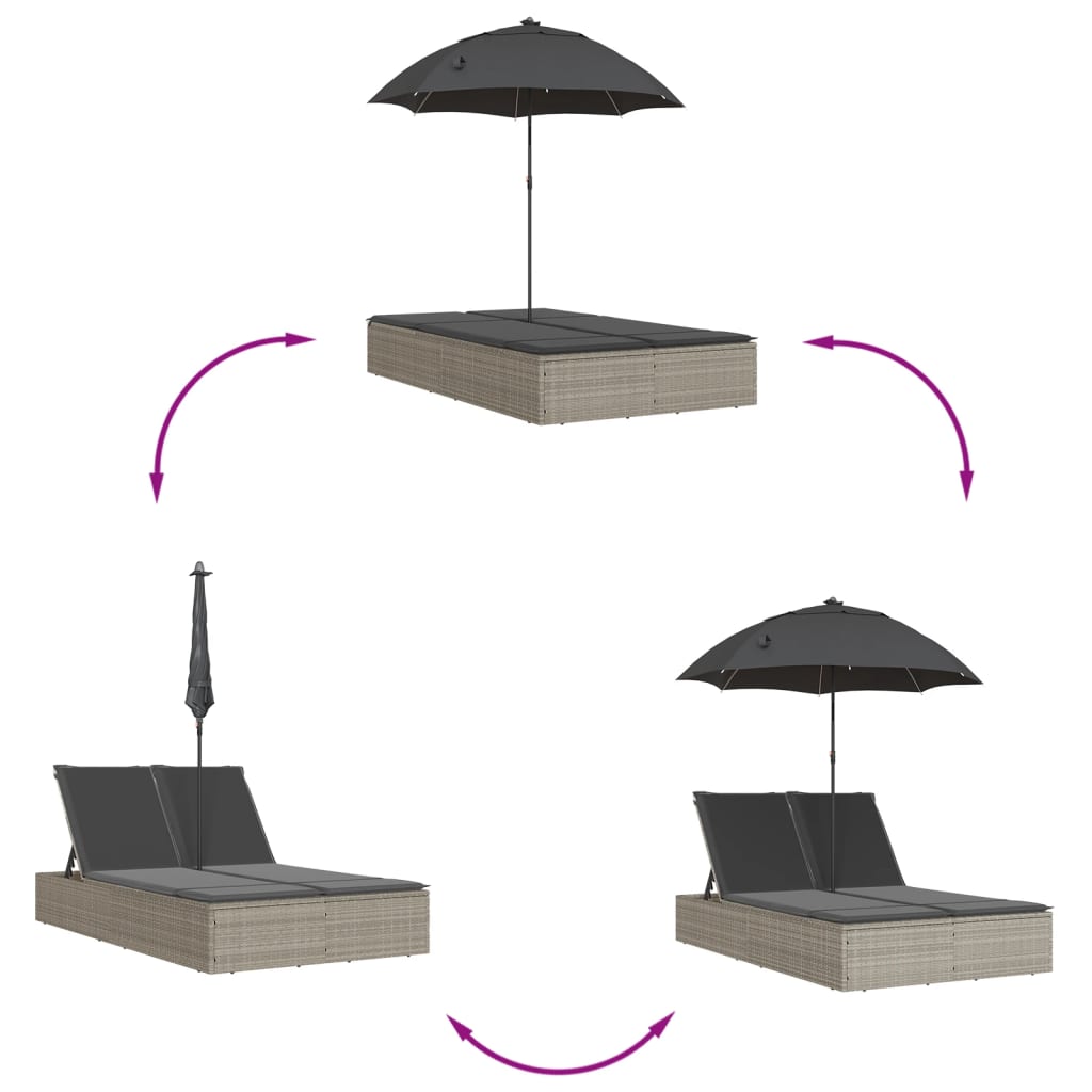 Ligbed 2-Persoons Met Kussens En Parasol Poly Rattan